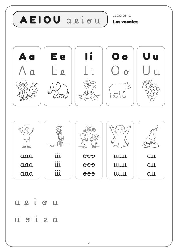 Página de las vocales con dibujos de sonidos